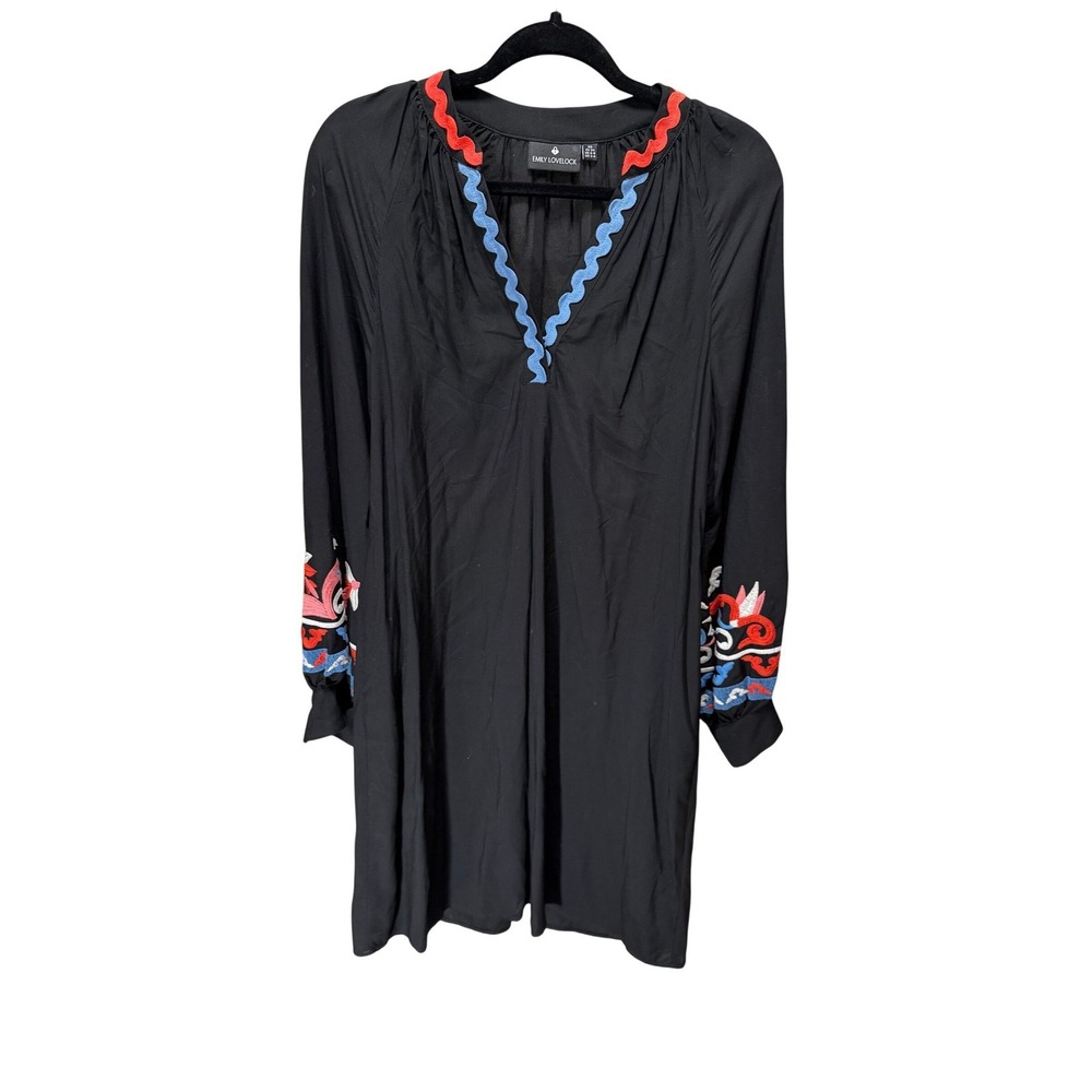 Emily Lovelock Dress Womens XS Black Embroidered Long Sleeve Tunic Boho Ric-Rac